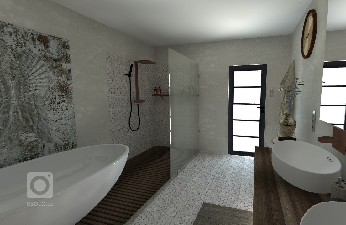 Koupelna v béžových a šedých tónech doplněná elagancí tmavého dřeva.&nbsp;
