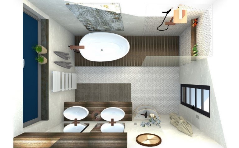 Koupelna v béžových a šedých tónech doplněná elagancí tmavého dřeva.&nbsp;
