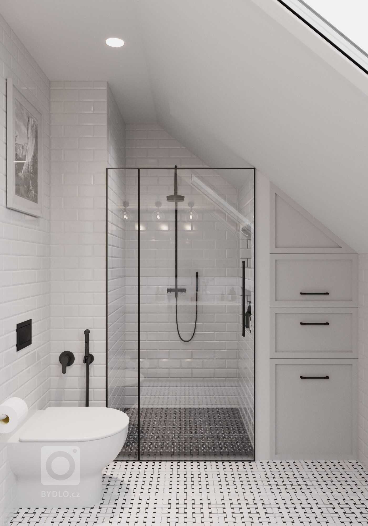 Vizualizace koupelny pro rodinu v Praze.&nbsp;

Přáním bylo černobílý look, industriální styl. Prostor je zjemněný mozaikou z pravého mramoru, kterou jsme…