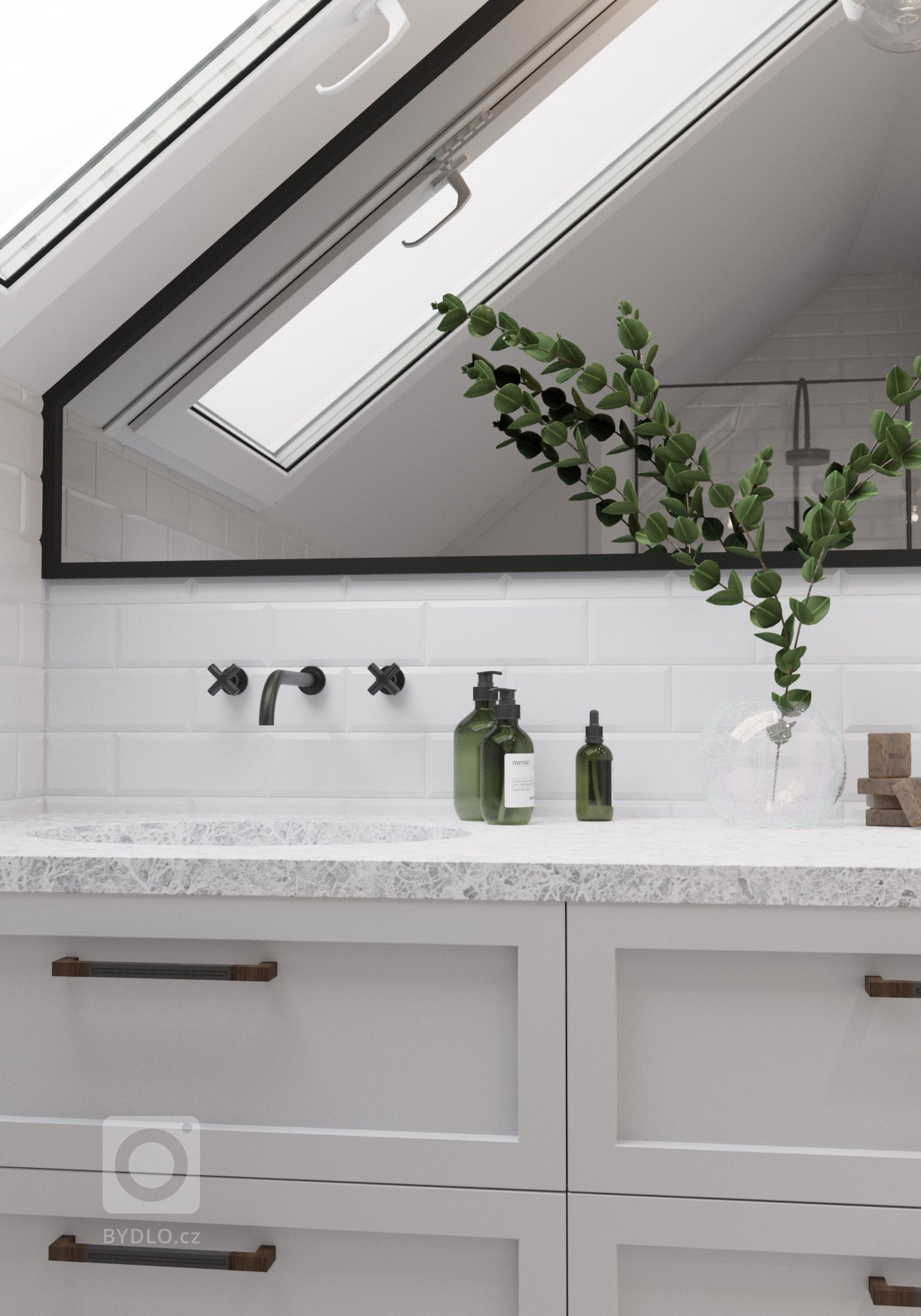 Vizualizace koupelny pro rodinu v Praze.&nbsp;

Přáním bylo černobílý look, industriální styl. Prostor je zjemněný mozaikou z pravého mramoru, kterou jsme…
