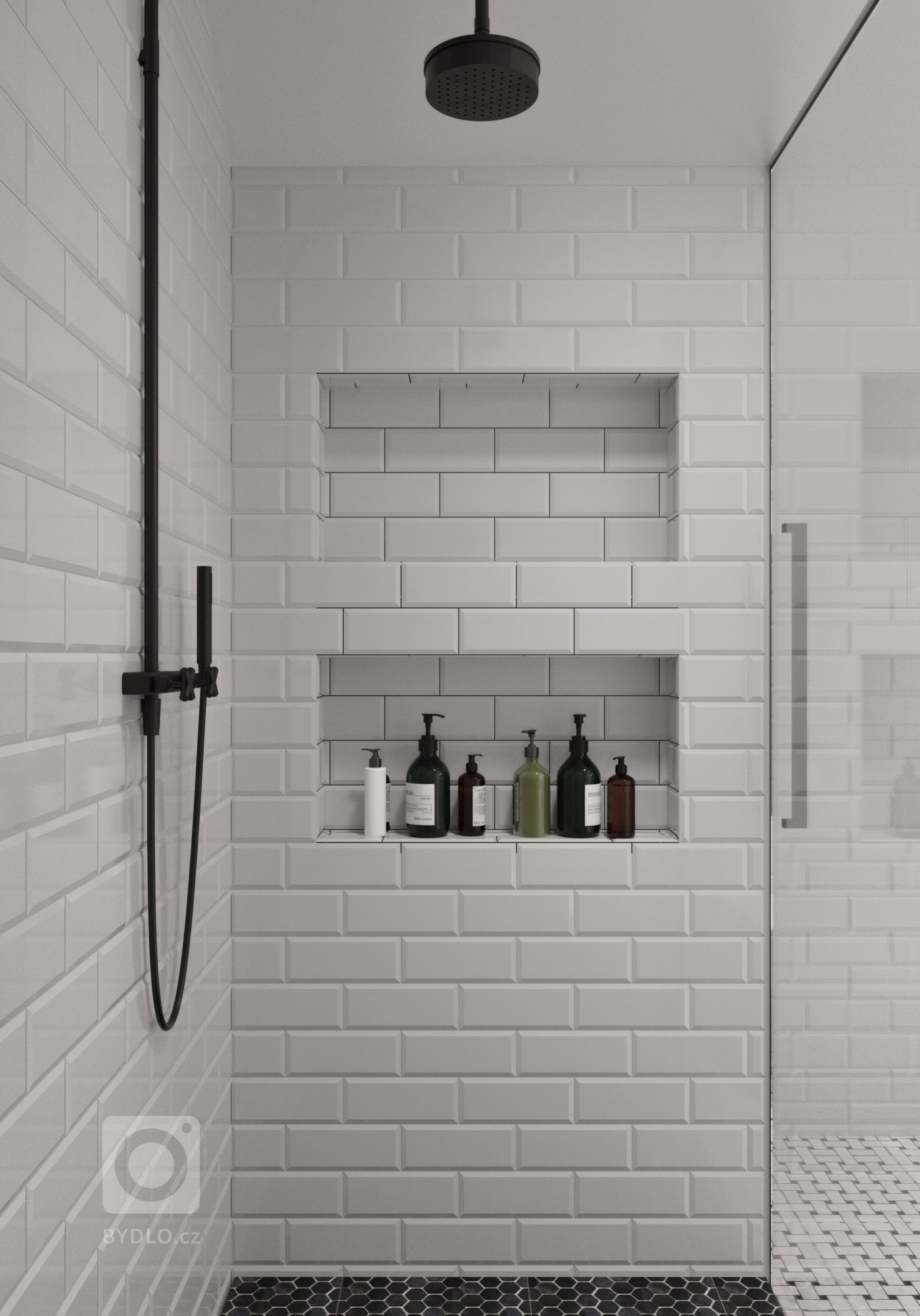 Vizualizace koupelny pro rodinu v Praze.&nbsp;

Přáním bylo černobílý look, industriální styl. Prostor je zjemněný mozaikou z pravého mramoru, kterou jsme…