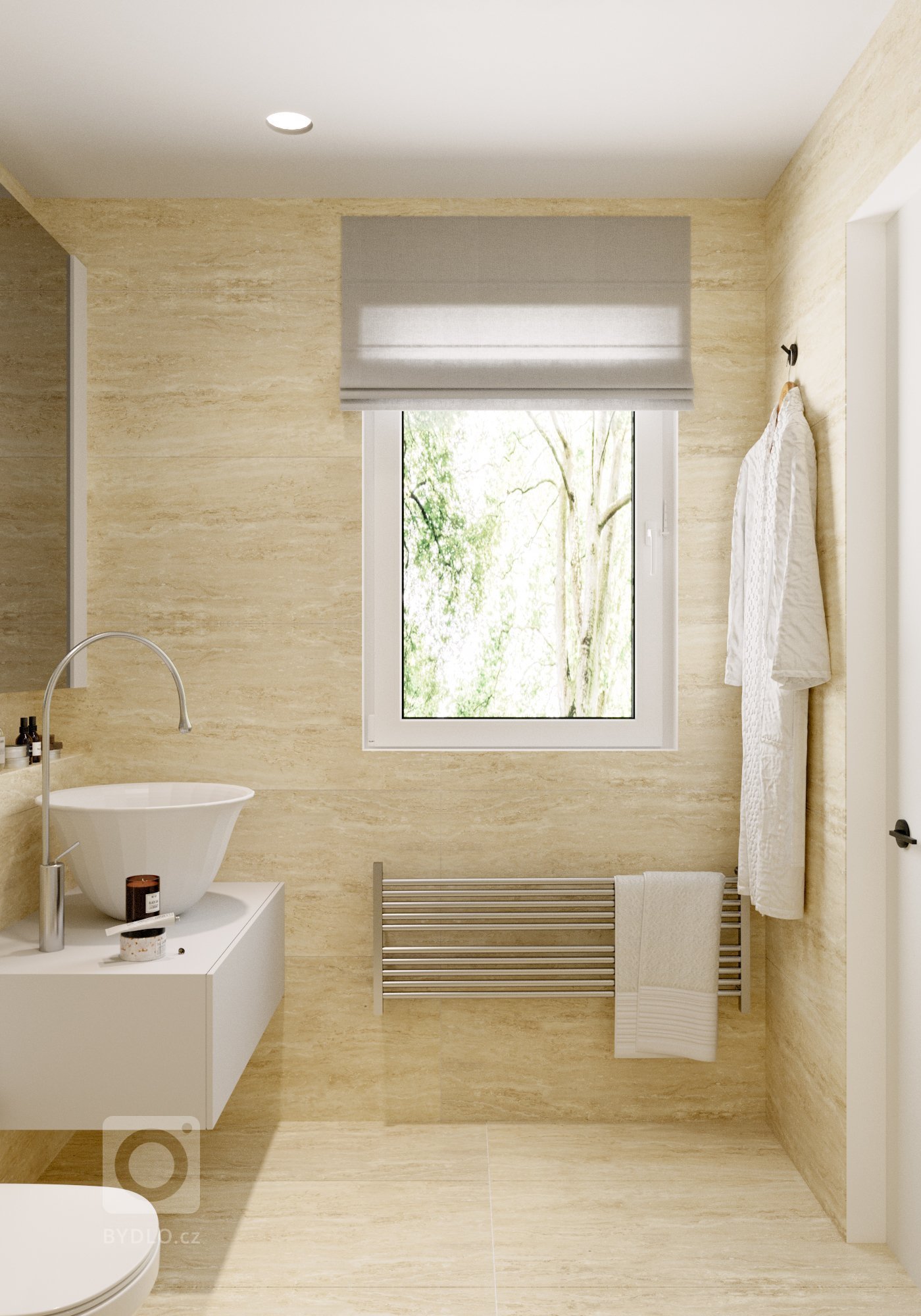 Stylové wc - obklad z travertinu, umyvadlo a baterie ze serie Gessi Gocia dodává místnosti wellness pocit a povyšuje wc místnost na vyšší úroveň.&nbsp;

…