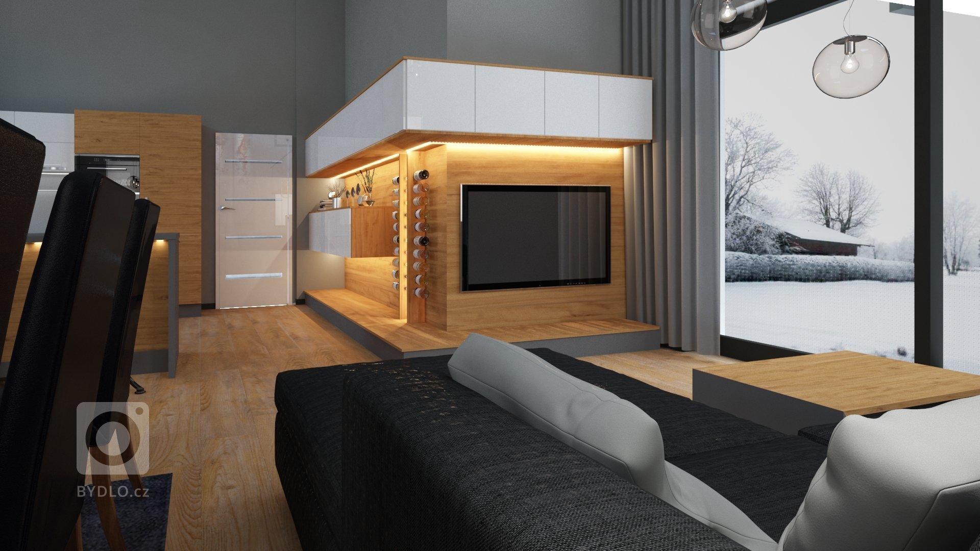 Netypicky řešené obývací stěna