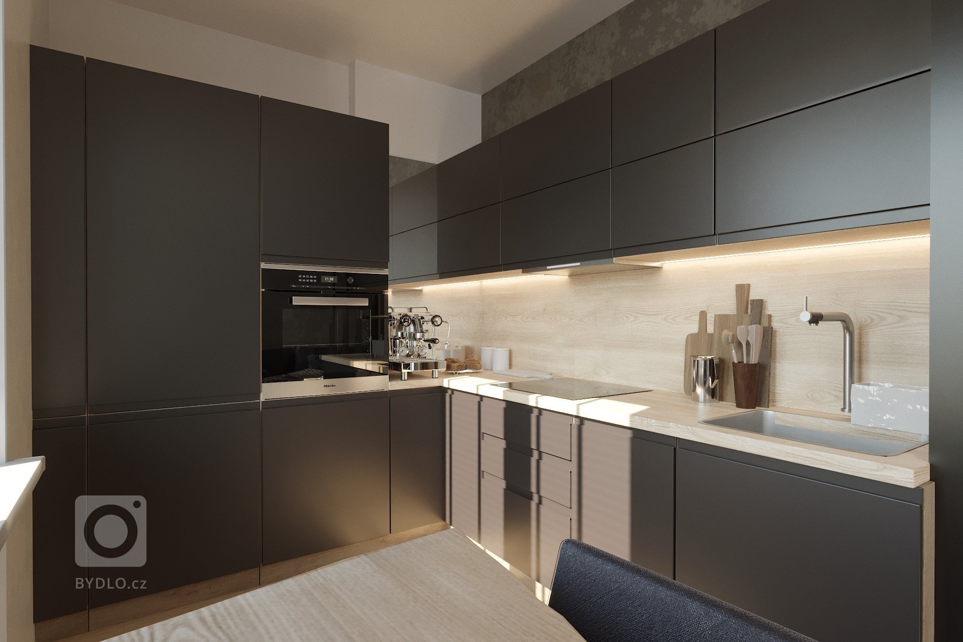 Moderní lehce industriální pojetí návrhu pro mladý pár. Jedná se o byt v nizkopodlažní bytovce. Lehce pozměněná dispozice s otevřenou kuchyní do obývacího…