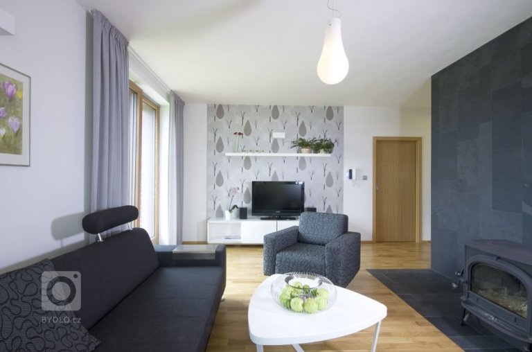 obývací pokoj barevně laděný do odstínů bílé, šedé a antracitové a dubového dřeva
