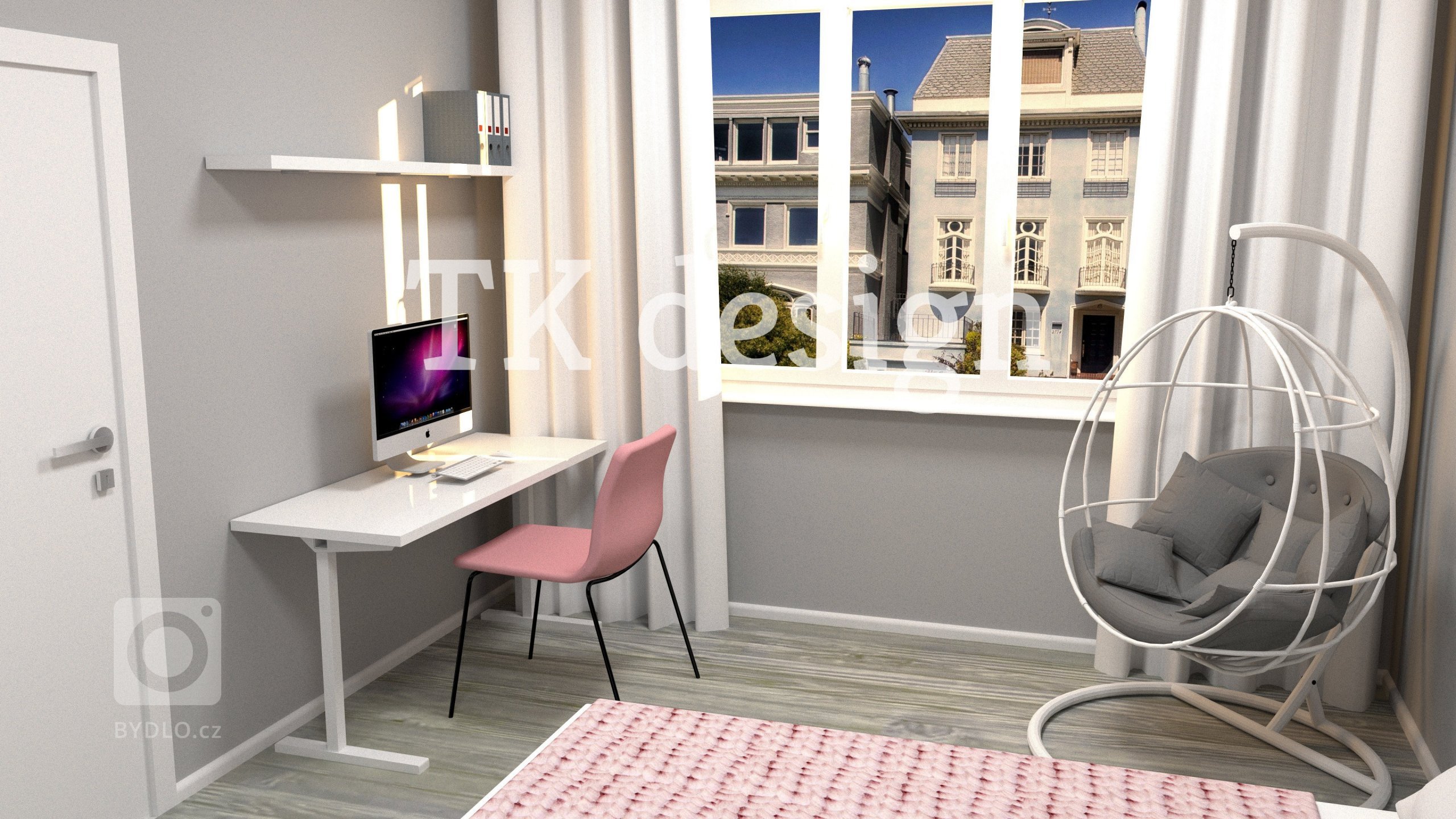 Světlé barvy doplněné odstínem růžové dodaly pokoji prosvětlený look. Houpačka umístěná v rohu může sloužit k četbě a nebo lelkování.