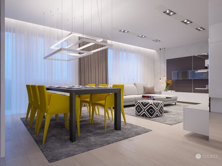 Navrhnutý interiér odráža predstavu klienta o vytvorení čistého, elegantného a svetlého interiéru s doplnkovou žltou farbou, moderného prístupu k osvetleniu…
