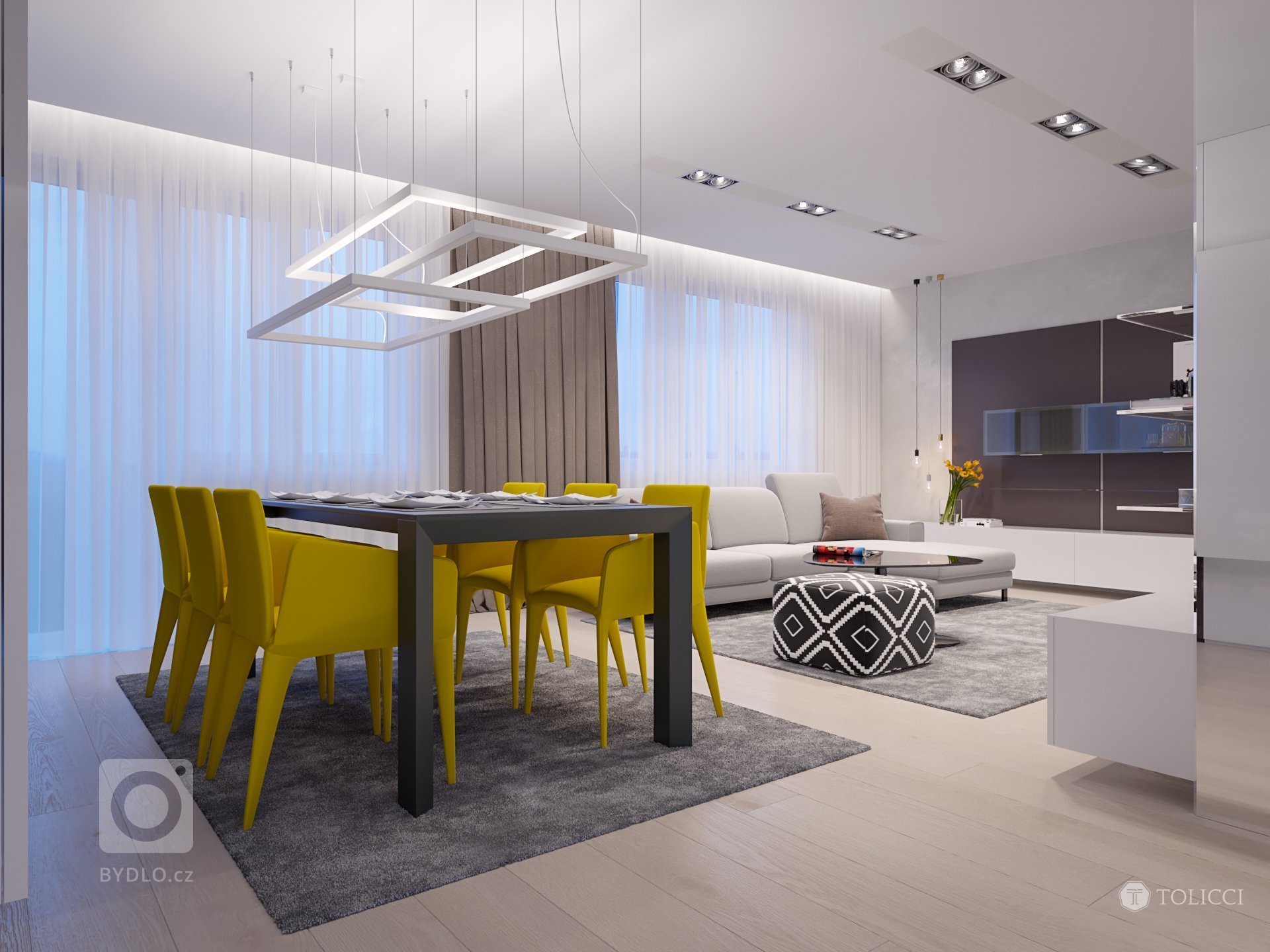 Navrhnutý interiér odráža predstavu klienta o vytvorení čistého, elegantného a svetlého interiéru s doplnkovou žltou farbou, moderného prístupu k osvetleniu…