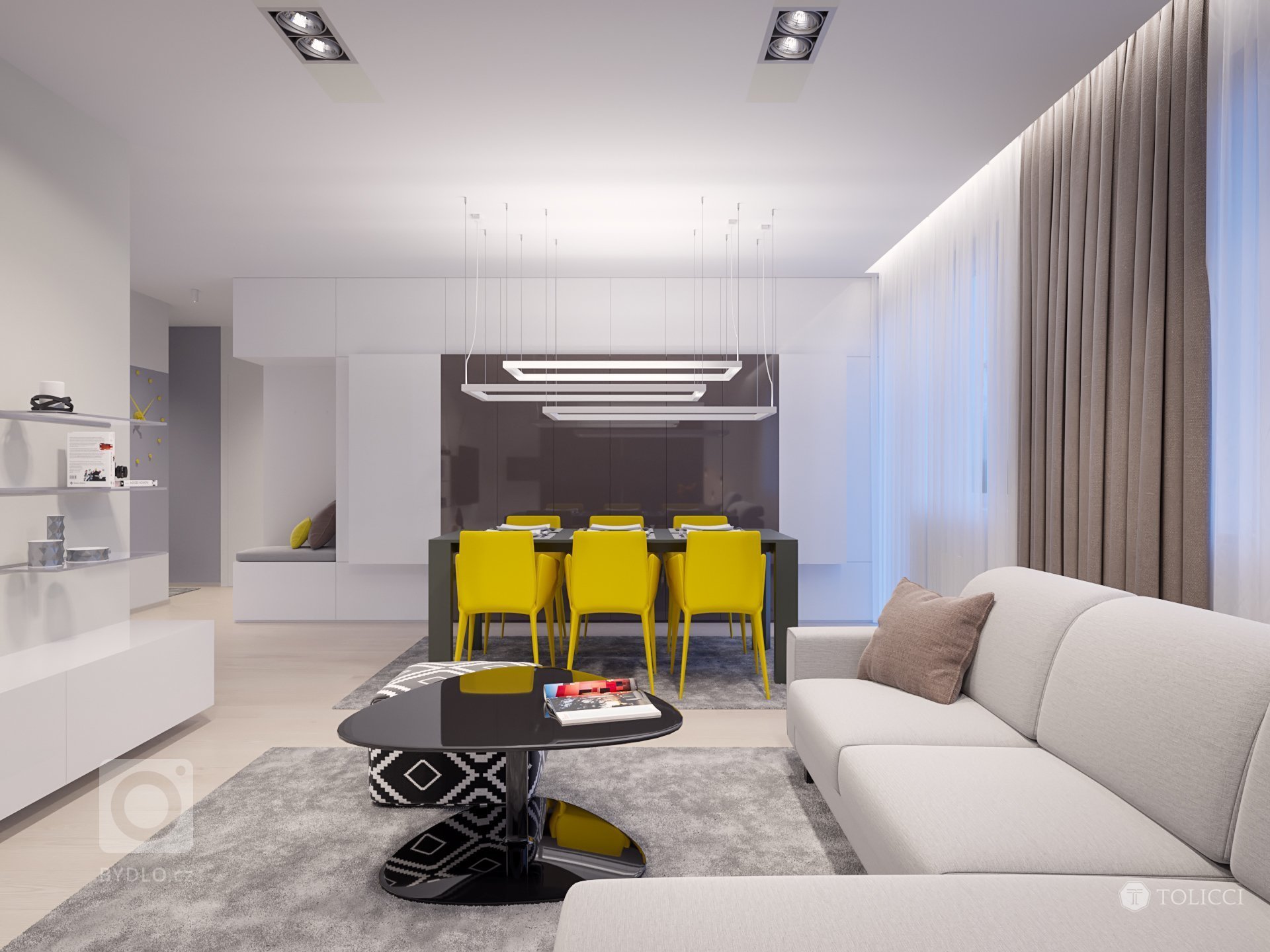 Navrhnutý interiér odráža predstavu klienta o vytvorení čistého, elegantného a svetlého interiéru s doplnkovou žltou farbou, moderného prístupu k osvetleniu…