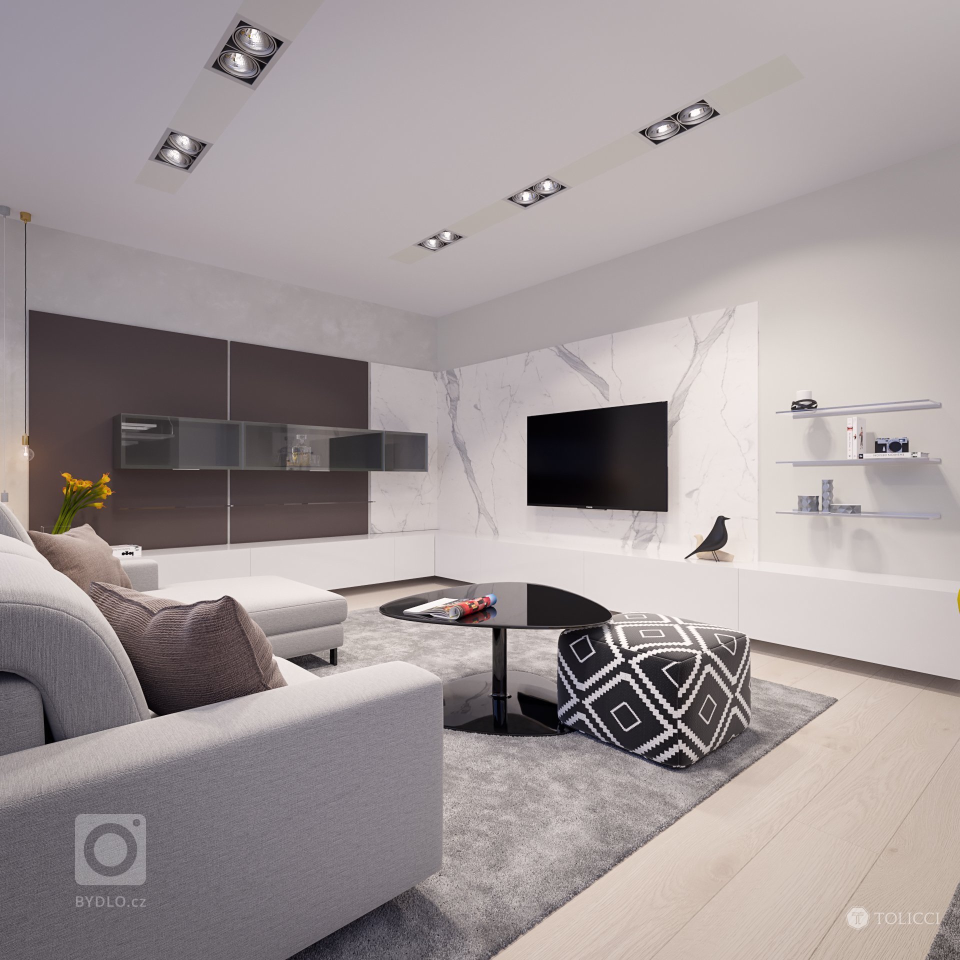 Navrhnutý interiér odráža predstavu klienta o vytvorení čistého, elegantného a svetlého interiéru s doplnkovou žltou farbou, moderného prístupu k osvetleniu…