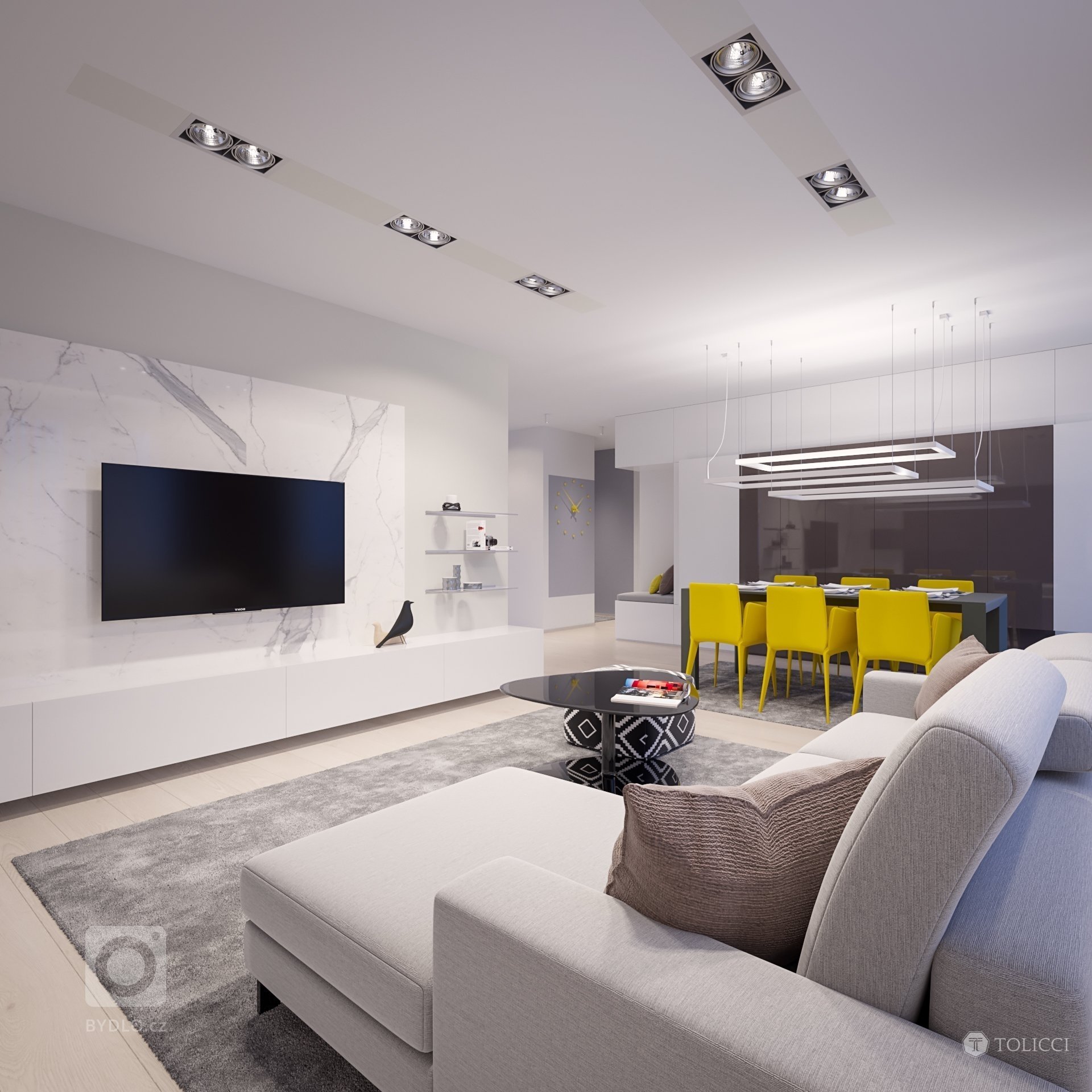 Navrhnutý interiér odráža predstavu klienta o vytvorení čistého, elegantného a svetlého interiéru s doplnkovou žltou farbou, moderného prístupu k osvetleniu…