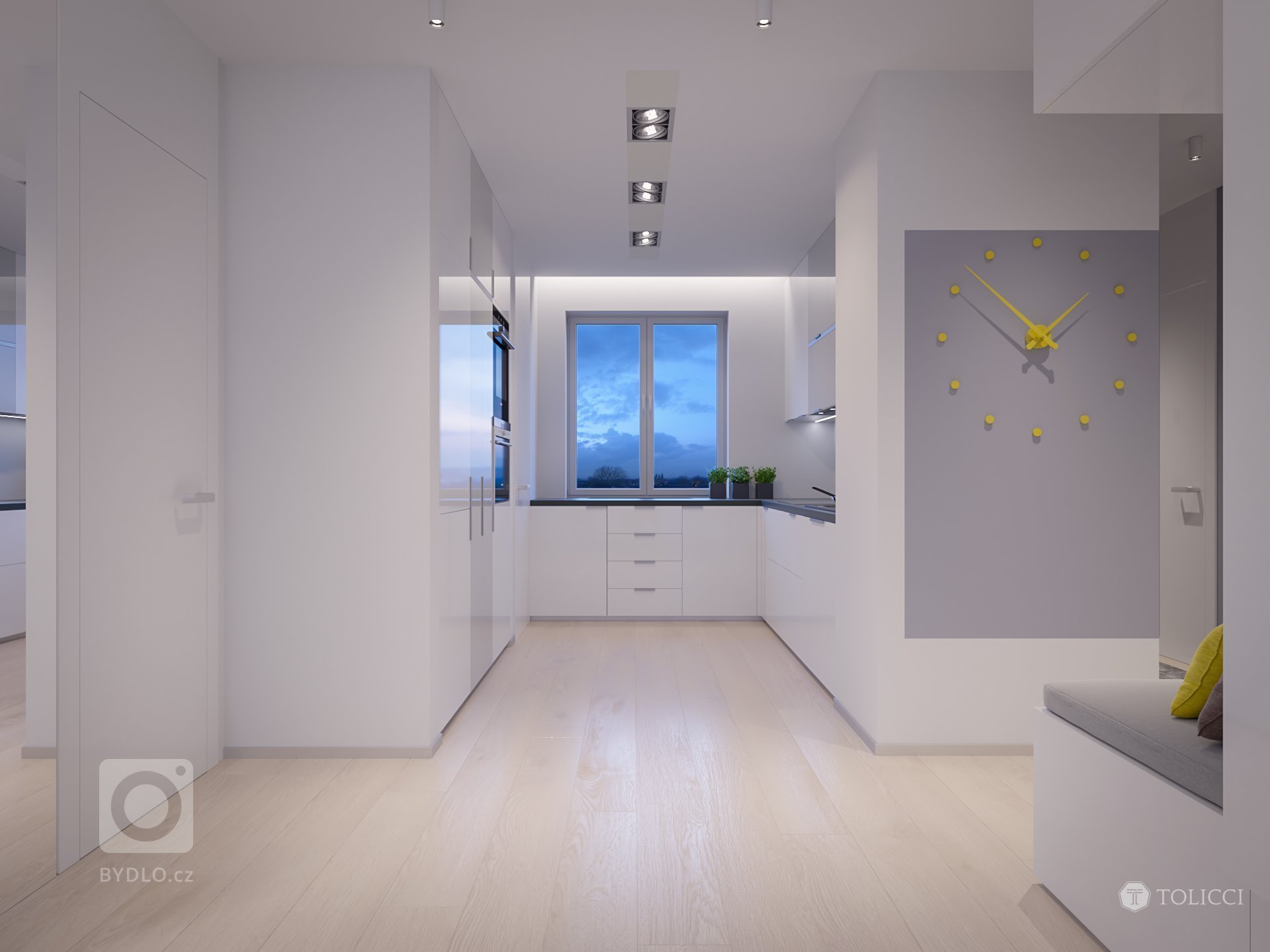 Navrhnutý interiér odráža predstavu klienta o vytvorení čistého, elegantného a svetlého interiéru s doplnkovou žltou farbou, moderného prístupu k osvetleniu…