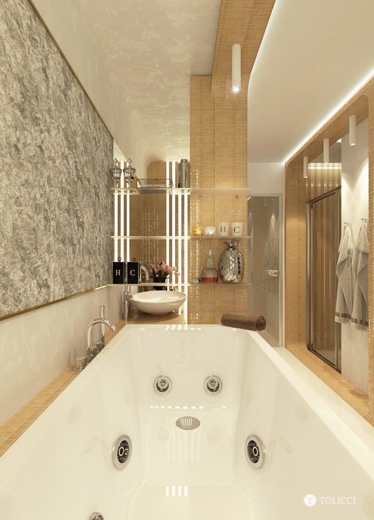 Návrh exkluzívnej kúpeľne vznikol na špeciálnu požiadavku klienta pre vytvorenie dizajnérsky výnimočnej apartmánovej kúpeľne so saunou. Kúpeľňa je vytvorená na…