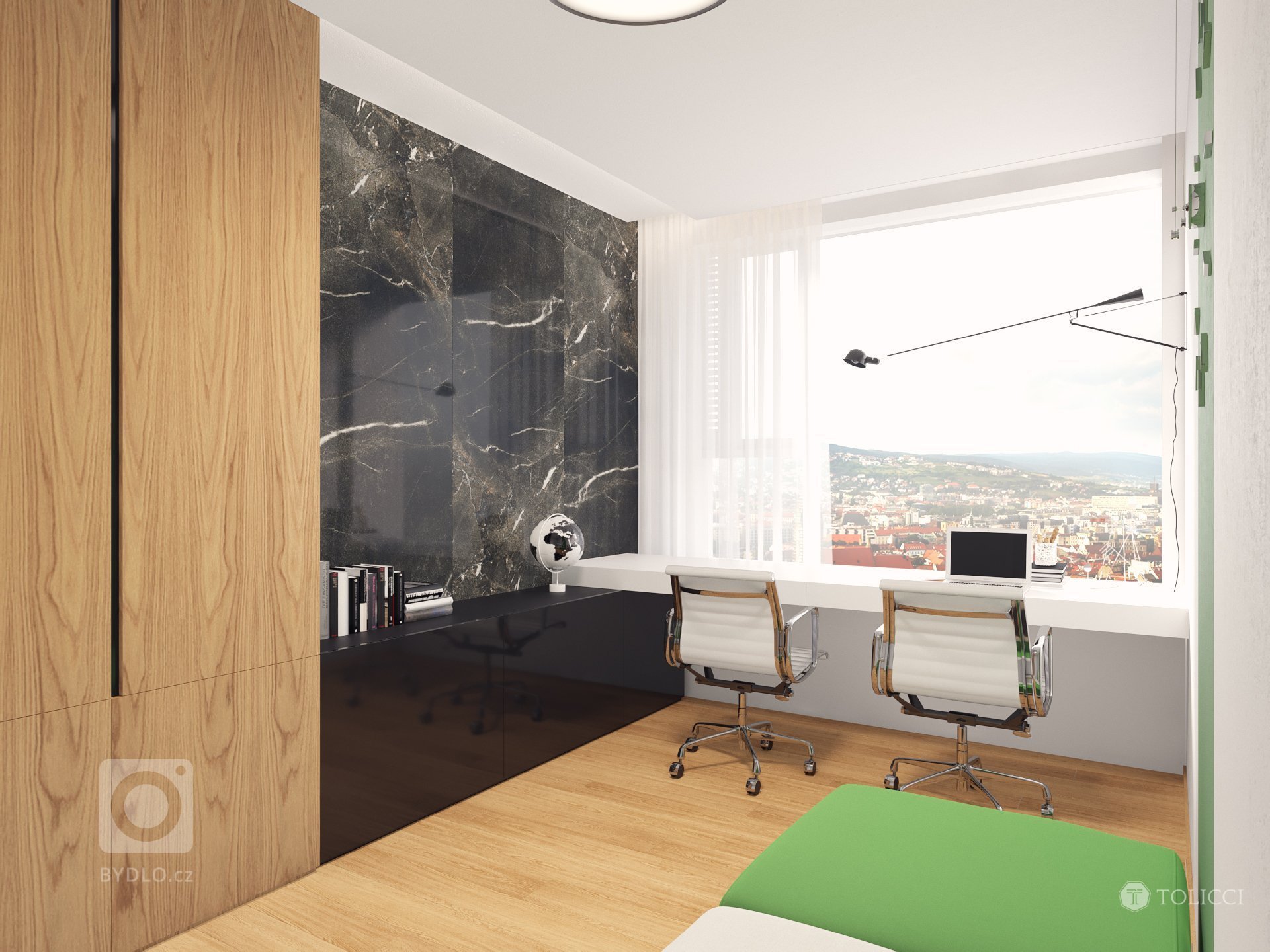 Cieľom návrhu bolo vytvorenie príjemného, moderného interiéru založeného na kontrastnej kombinácii dreveného dekóru dubovej dyhy a monochromatických farieb …