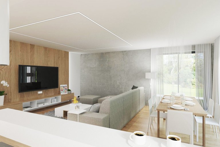Interier obývacího pokoje v Rd Brusné vychází z barevnosti dubového dřeva, ke kterému je nakombinována šedá a bílá barva. Budoucí majitelé si mohou interier…