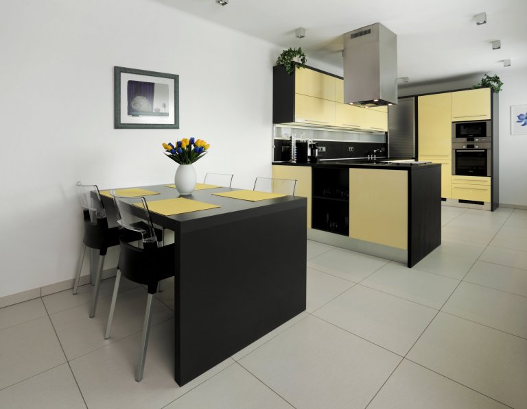 Představujeme vám impozantní moderní kuchyni v neobvyklé barevné kombinaci. Zářivě lesklé skříně ze světle žlutého lamina na první pohled krásně ladí s&nbsp…
