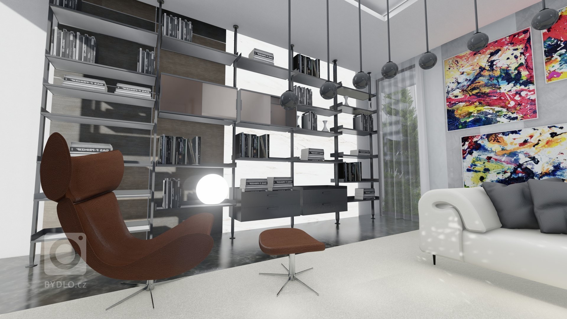 Návrh interiéru obývacího pokoje - knihovna