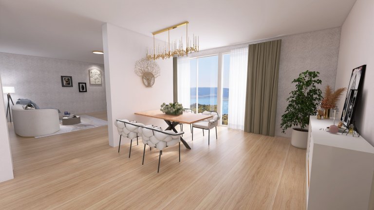 Vizualizace potencionálního budoucího stavu kuchyně, jídelny a&nbsp;obývacího pokoje po rekonstrukci. Důraz na prosvětlení a větší modernizaci oproti původnímu…