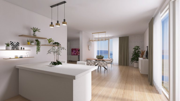 Vizualizace potencionálního budoucího stavu kuchyně, jídelny a&nbsp;obývacího pokoje po rekonstrukci. Důraz na prosvětlení a větší modernizaci oproti původnímu…