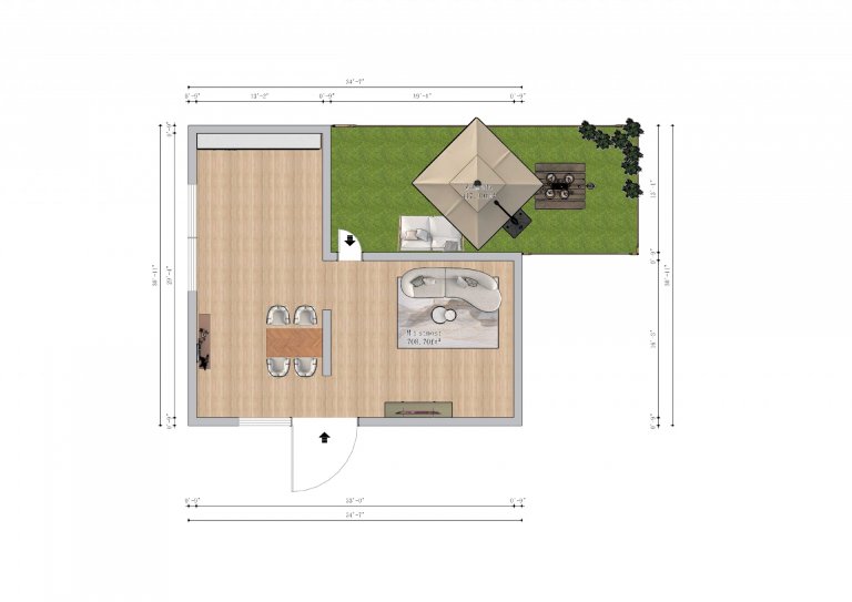 Vizualizace potencionálního budoucího stavu kuchyně, jídelny a&nbsp;obývacího pokoje po rekonstrukci. Důraz na prosvětlení a větší modernizaci oproti původnímu…