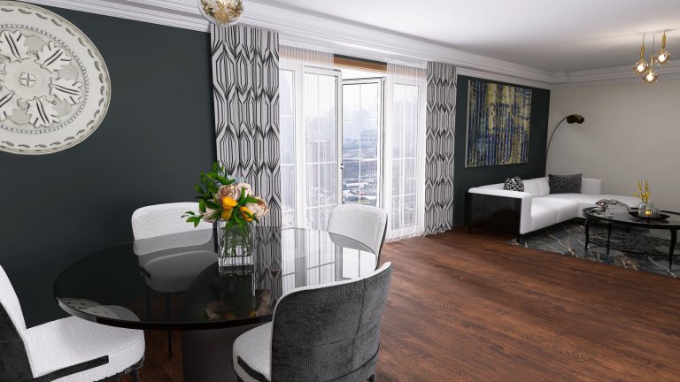 Vizualizace potencionálního budoucího stavu kuchyně, jídelny a obývacího pokoje. Přáním bylo zařazení tmavších barev, zlatých detailů, geometrických prvků.
