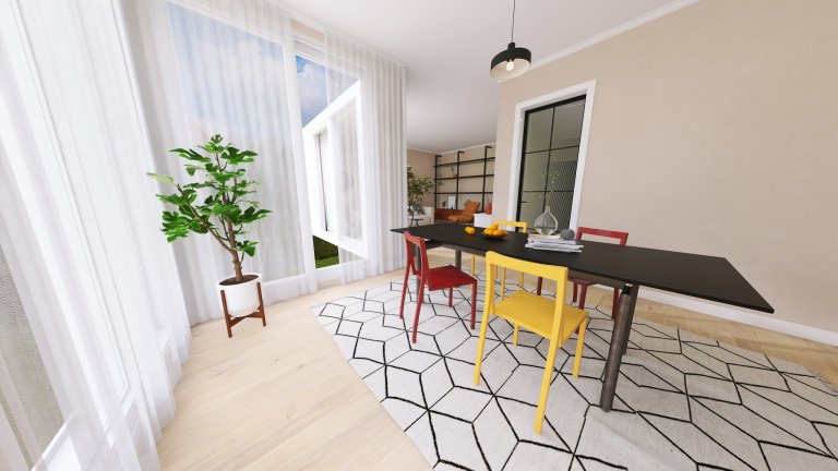 Provedení vizualizace podle předlohy klienta. Prosvětlený interiér, hravé a barevné prvky, originální kusy nábytku. Vizualizace provedená v částech kuchyně,…