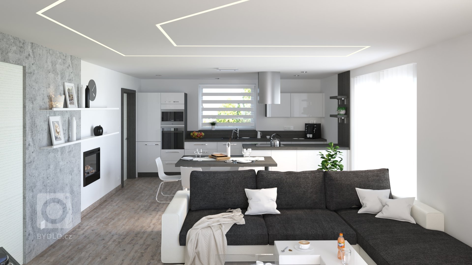 Návrh úpravy již existujícího interiéru, vizualizováno jako celek. Požadavkem bylo zachování šedobílého interiéru, podhled je řešen zčásti jako akustický …