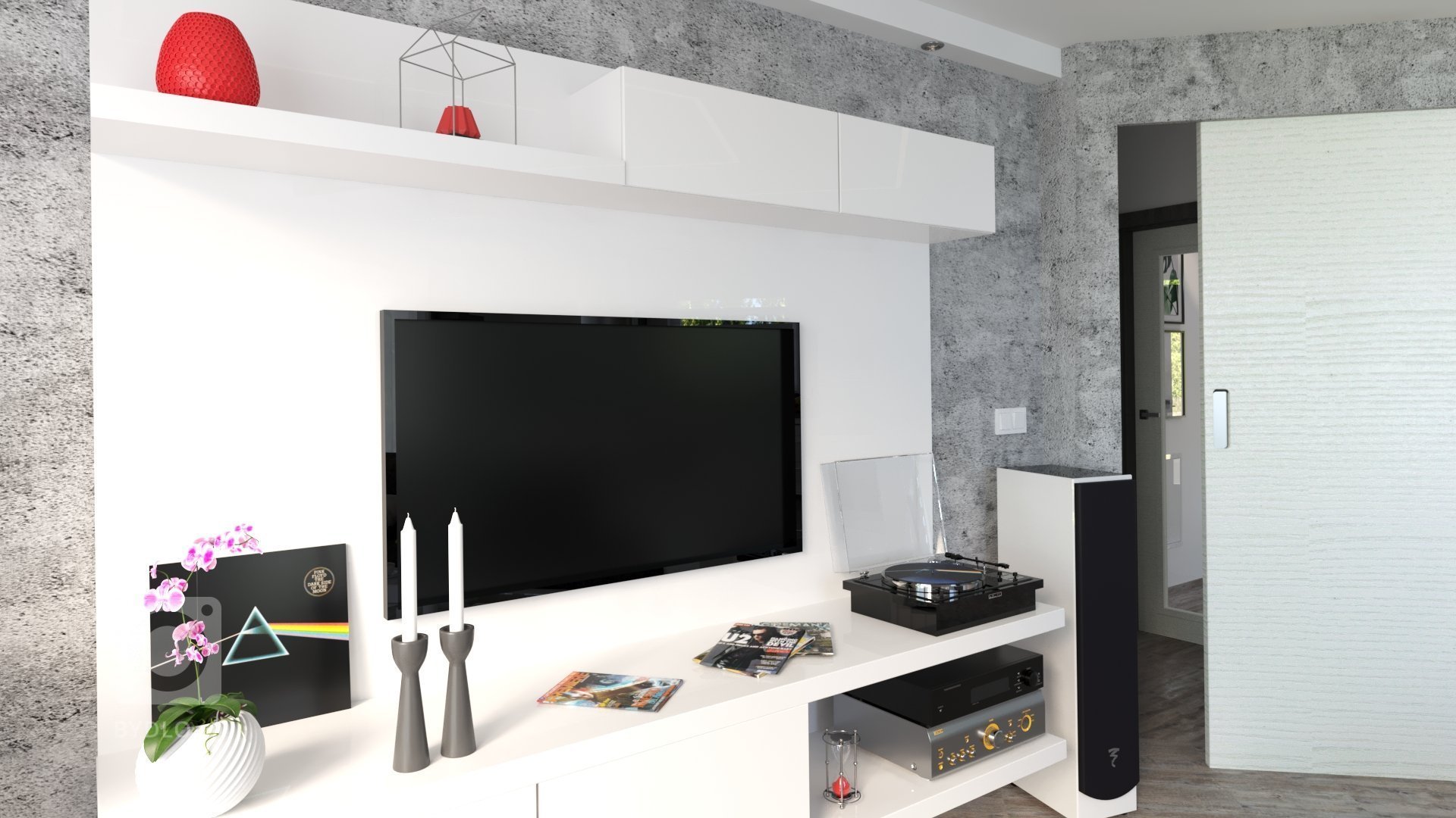 Návrh úpravy již existujícího interiéru, vizualizováno jako celek. Požadavkem bylo zachování šedobílého interiéru, podhled je řešen zčásti jako akustický …