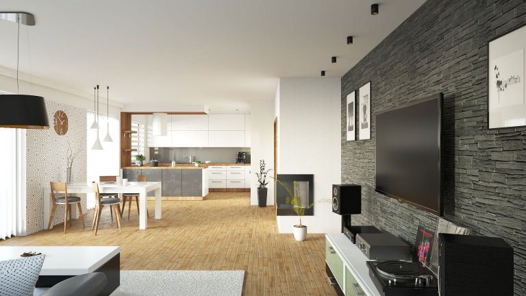 Vizualizace kuchyně s obývacím pokojem do novostavby