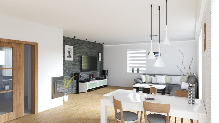 Jeden z několika návrhů obývacího pokoje spojeného s kuchyní v budoucí novostavbě rodinného domku. Požadavkem bylo použití obkladového kamene, dřeva a moderní…
