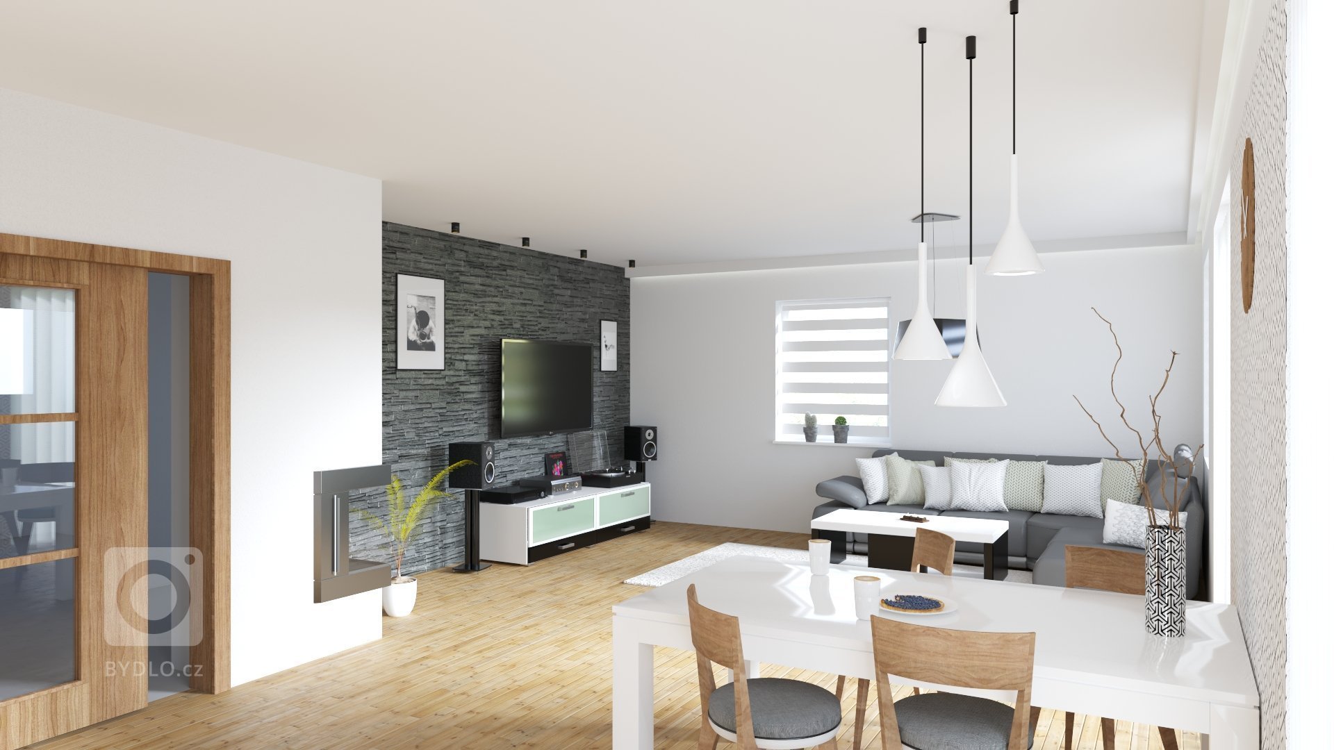 Jeden z několika návrhů obývacího pokoje spojeného s kuchyní v budoucí novostavbě rodinného domku. Požadavkem bylo použití obkladového kamene, dřeva a moderní…