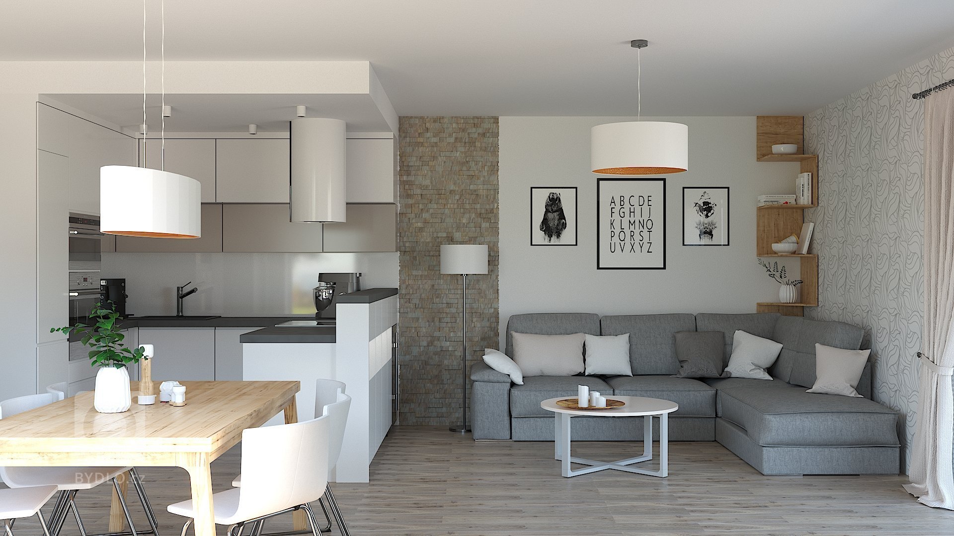Návrh a vizualizace obývacího pokoje s kuchyňským koutem a jídelnou. Požadavek na čisté moderní pojetí s teplejšími barvami a důrazem na atmosférické osvětlení…