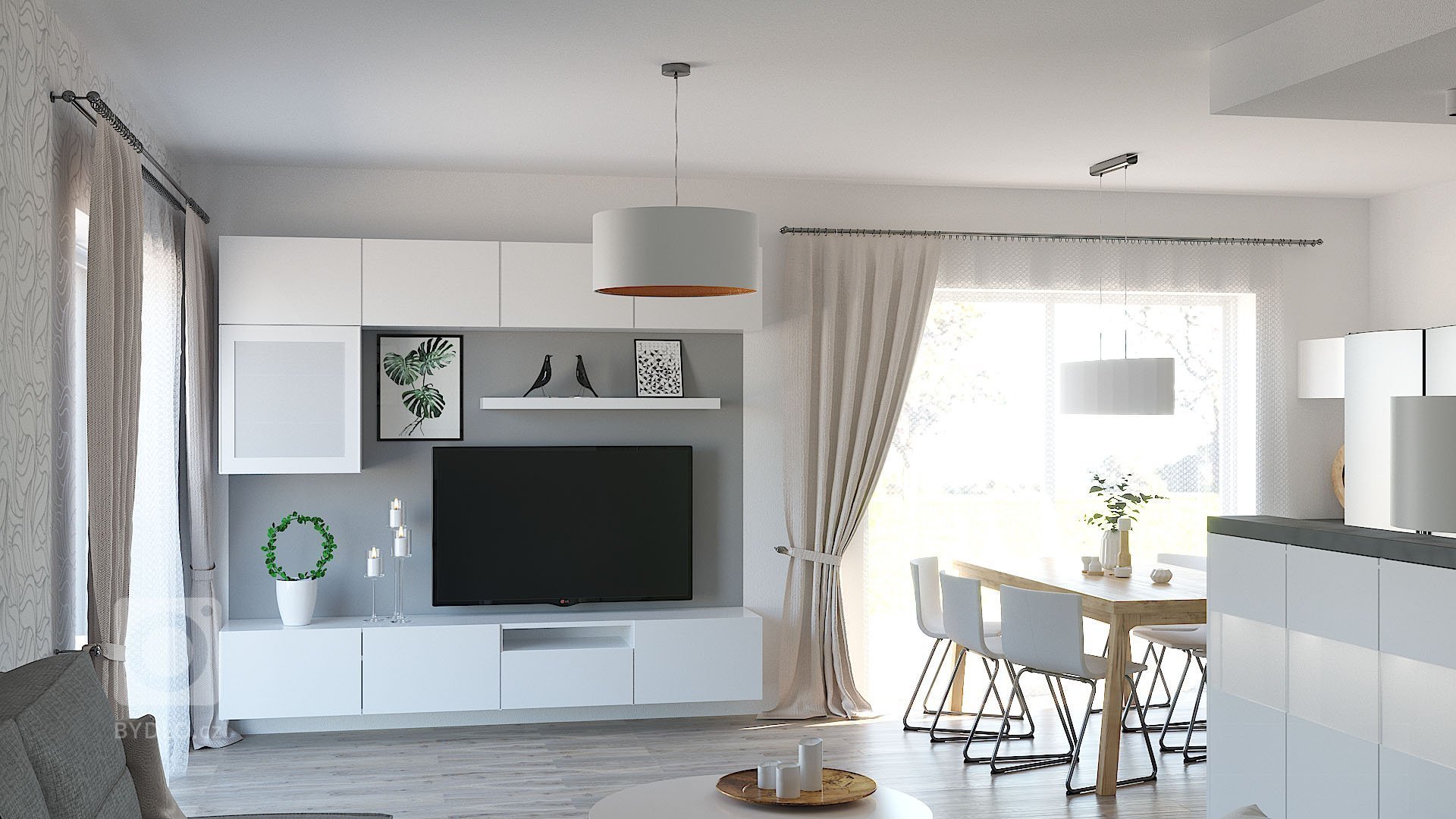 Návrh a vizualizace obývacího pokoje s kuchyňským koutem a jídelnou. Požadavek na čisté moderní pojetí s teplejšími barvami a důrazem na atmosférické osvětlení…