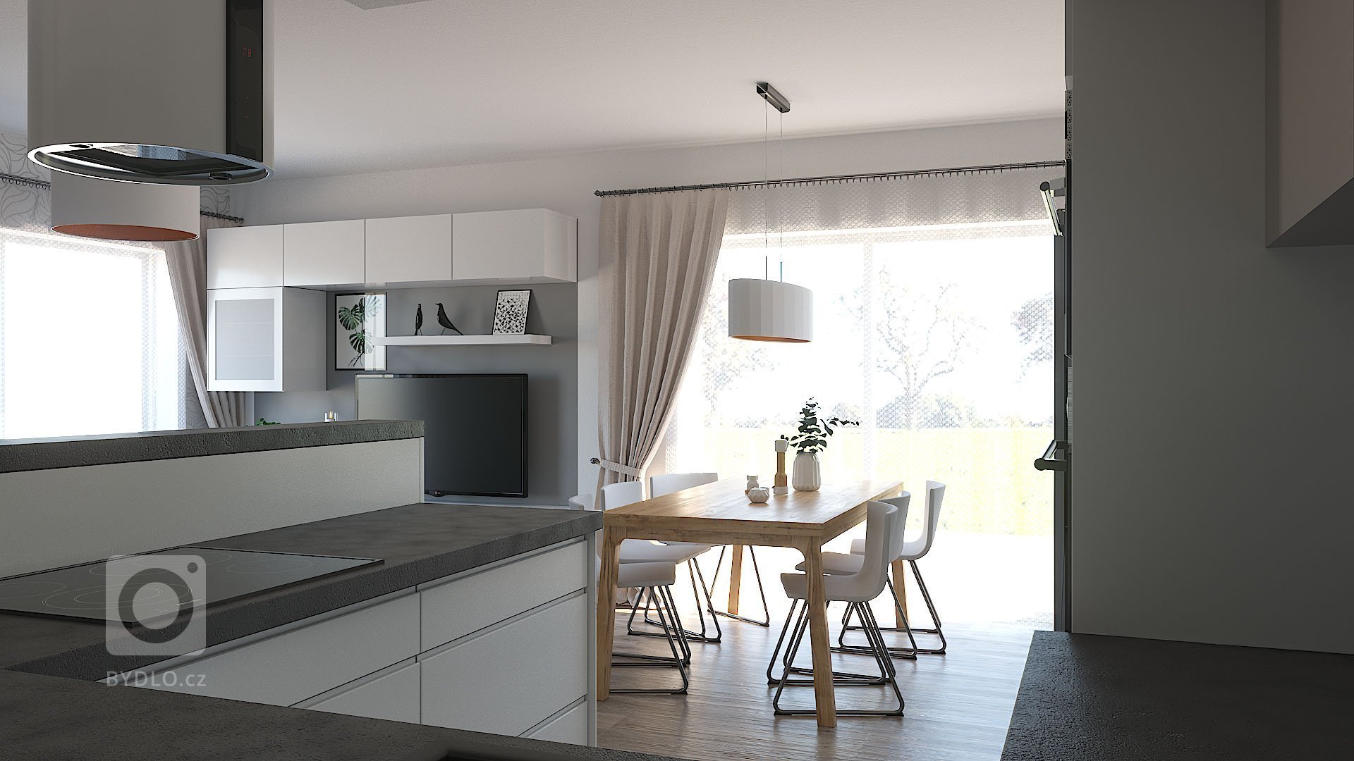 Návrh a vizualizace obývacího pokoje s kuchyňským koutem a jídelnou. Požadavek na čisté moderní pojetí s teplejšími barvami a důrazem na atmosférické osvětlení…