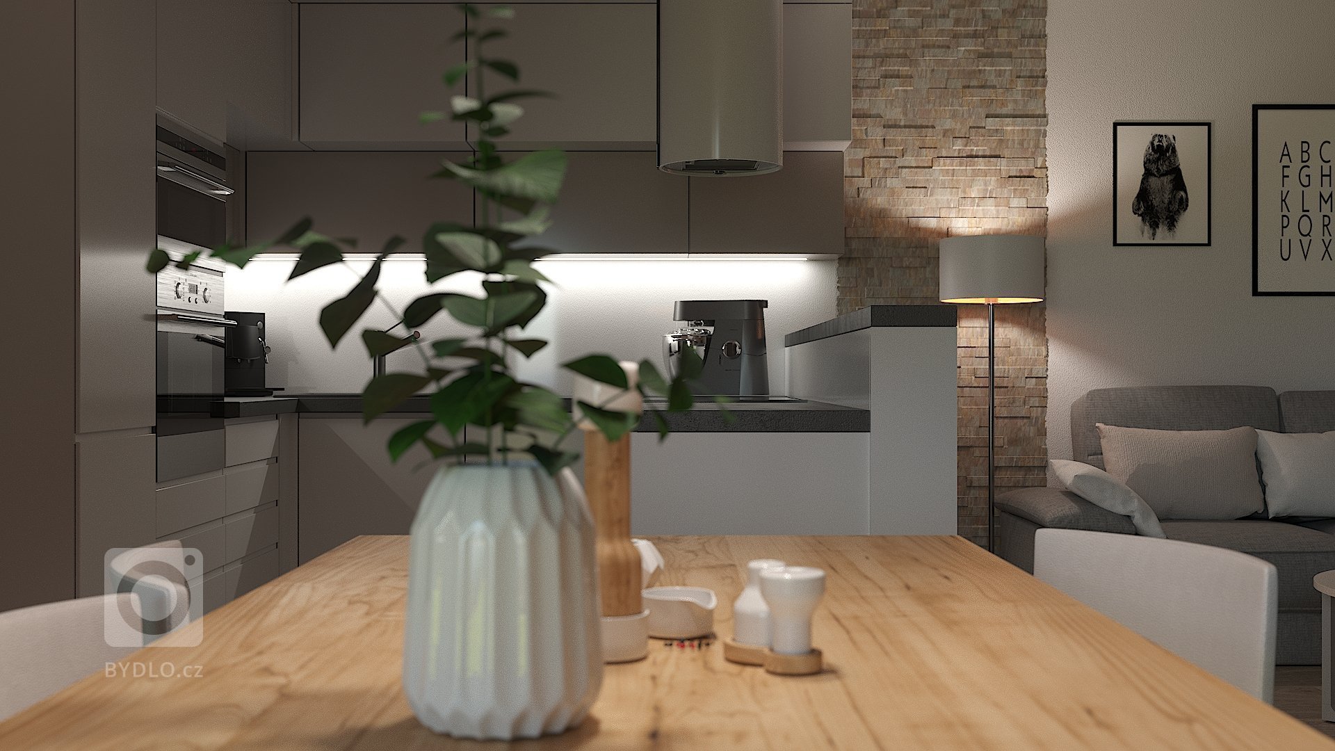 Návrh a vizualizace obývacího pokoje s kuchyňským koutem a jídelnou. Požadavek na čisté moderní pojetí s teplejšími barvami a důrazem na atmosférické osvětlení…