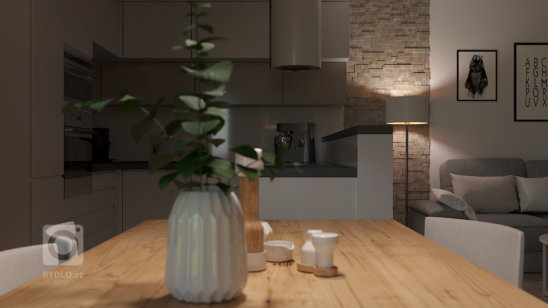 Návrh a vizualizace obývacího pokoje s kuchyňským koutem a jídelnou. Požadavek na čisté moderní pojetí s teplejšími barvami a důrazem na atmosférické osvětlení…