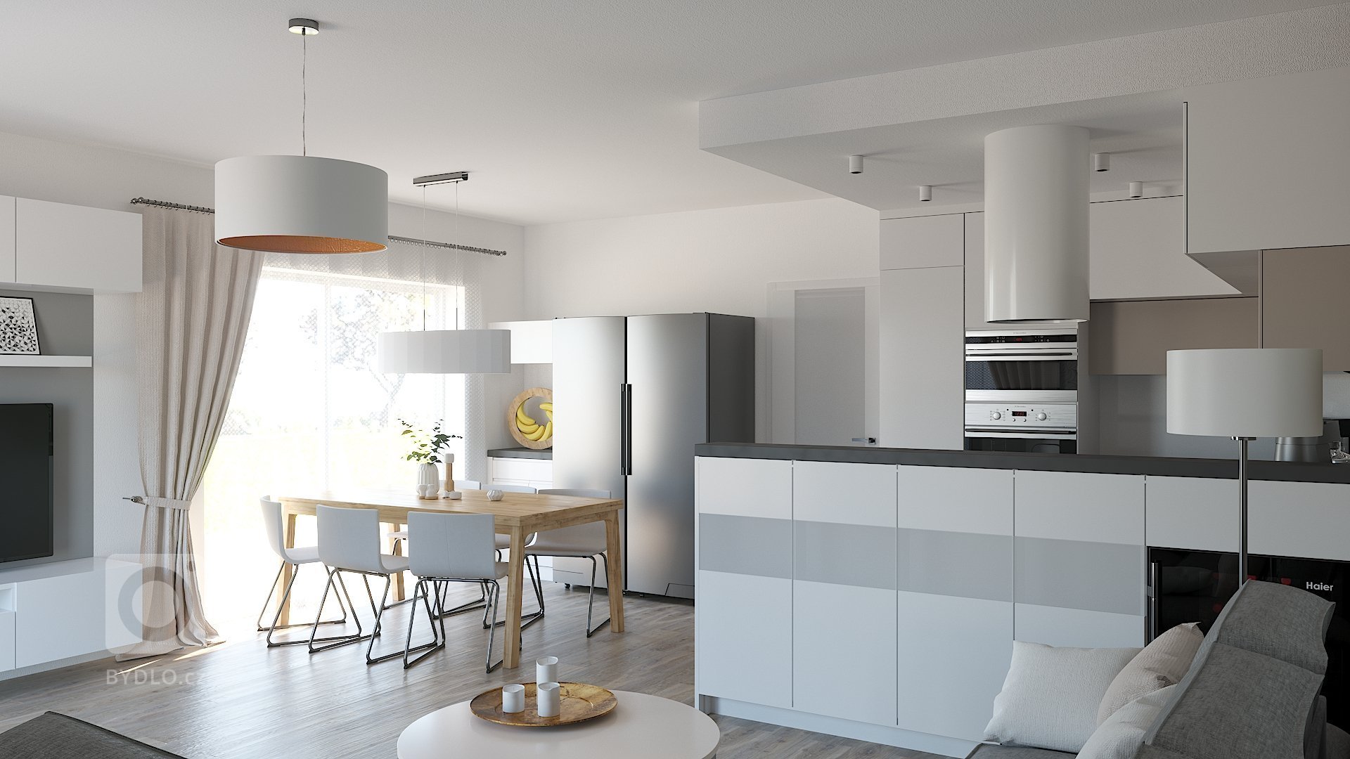 Návrh a vizualizace obývacího pokoje s kuchyňským koutem a jídelnou. Požadavek na čisté moderní pojetí s teplejšími barvami a důrazem na atmosférické osvětlení…