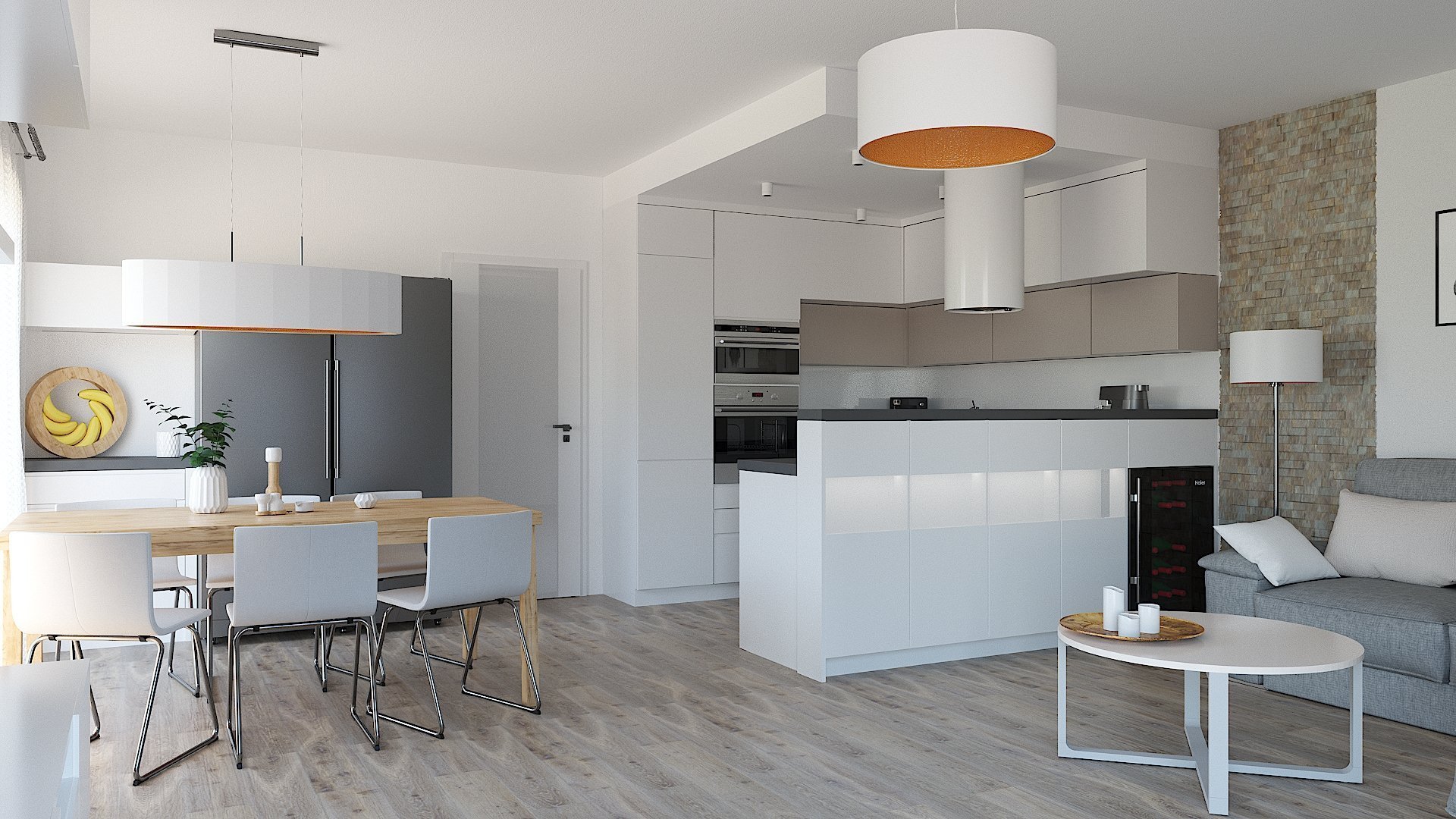 Návrh a vizualizace obývacího pokoje s kuchyňským koutem a jídelnou. Požadavek na čisté moderní pojetí s teplejšími barvami a důrazem na atmosférické osvětlení…