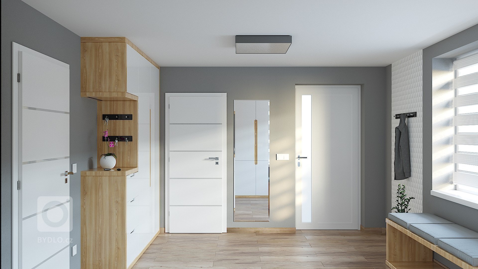 Klientka požadovala návrh a vizualizaci větší předsíně společně s návrhem a demonstrací úložných prostor velkých vestavěných skříní. Nábytek je na zakázku,…