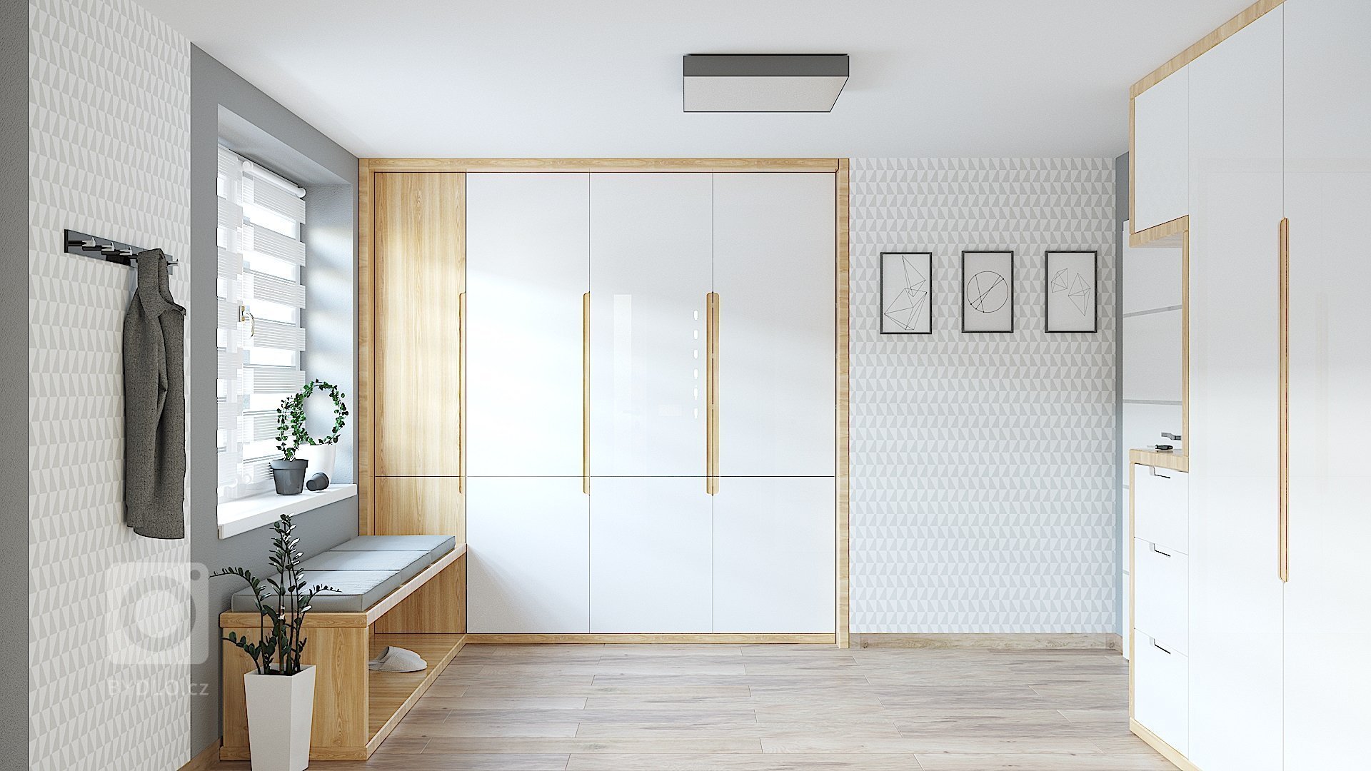 Klientka požadovala návrh a vizualizaci větší předsíně společně s návrhem a demonstrací úložných prostor velkých vestavěných skříní. Nábytek je na zakázku,…