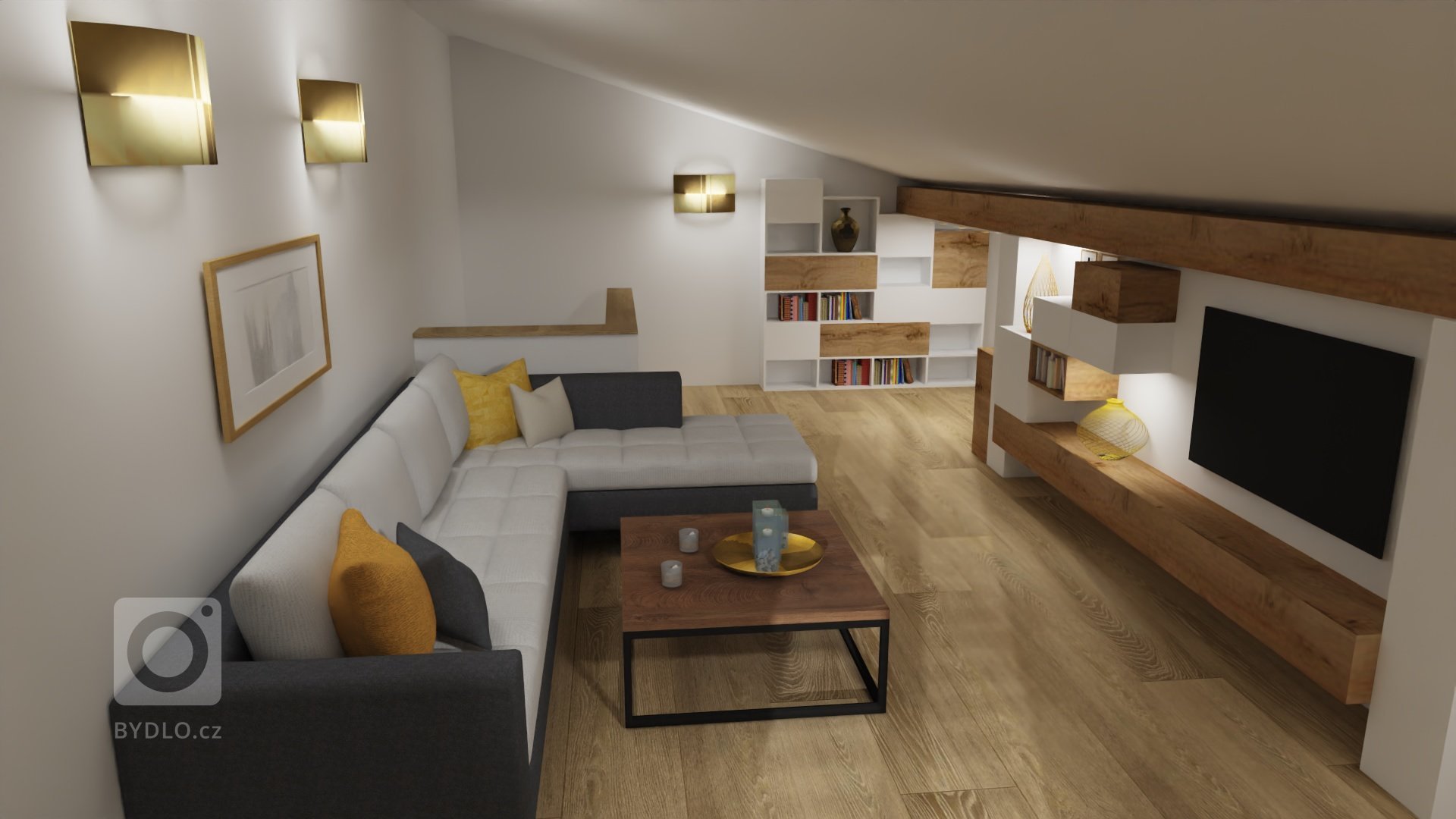 Pohled na vchod s knihovnou a odpočinkovou část místnosti