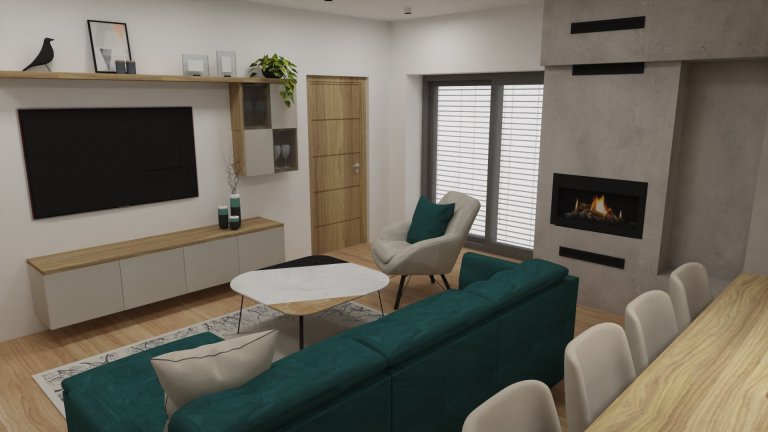 Obývací část s krbem